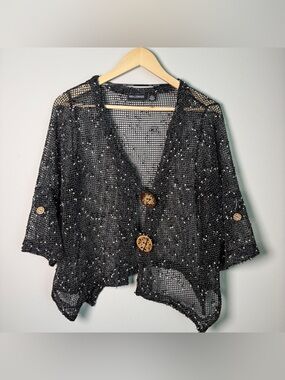 Nina Leonard | Black & White Open Weave Cardigan Boho Buttons Artsy | Size L